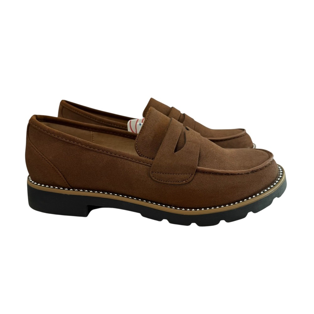 Weatherproof Brown Faux Suede Penny Loafers with Beaded Trim Lug Sole